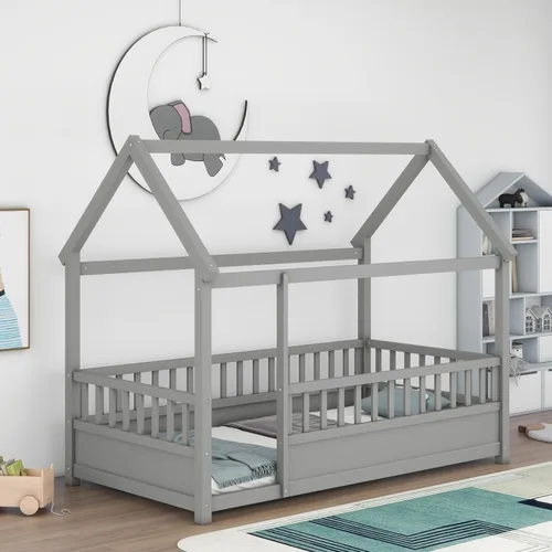 Vista 3 de Harper & Bright Designs Marco de cama de piso de casa de tamaño individual con valla, cama Montessori de madera con marco de techo de casa Gris