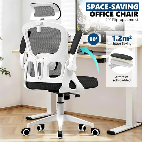 Vista 5 de Silla de oficina ergonómica, silla de escritorio de malla con reposacabezas ajustable y soporte lumbar, silla de computadora con ruedas con Blanco