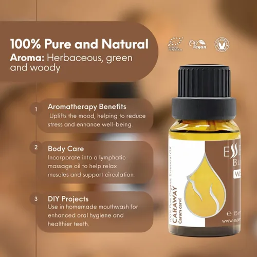 Vista 6 de Essences Bulgaria Aceite esencial de alcaravea orgánica, 0.51 onzas líquidas, 0.5 fl oz, Carum carvi 100% puro y natural, sin diluir, de grado