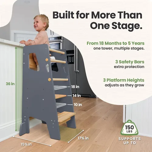 Vista 2 de Toddler Standing Tower with 3 Safety Bars - Kitchen Stool Helper - Gray 1 - Gris