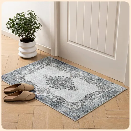 Vista 74 de Istana Alfombra larga antideslizante de 2.5 x 8 para el hogar, para pasillo y cocina, lavable, sedosa y suave al tacto, elegante, color azul y marfil