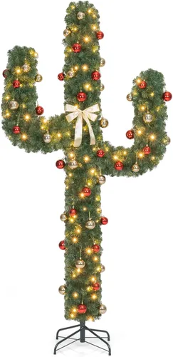 Vista 8 de Goplus Árbol de Navidad artificial de cactus preiluminado de 5 pies con 90 luces LED y adornos de bolas, decoración perfecta para las fiestas