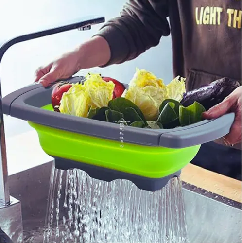Vista 4 de Colador de silicona plegable – Colador plegable que ahorra espacio para pasta, verduras y frutas, 3 peladores adicionales – Colador de cocina grande