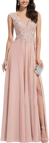Vista 4 de Chiffon Bridesmaid Dresses V Neck Lace Appliques A Line Chiffon Long Formal Gowns with Slit