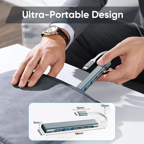 Vista 5 de Hub USB 3.0, concentrador USB 5 en 1 con USB C portátil y divisor USB de aluminio para laptop, Xbox, unidad flash, disco duro, consola, impresora