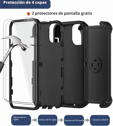 Vista 3 de Funda para iPhone 13 con funda de clip para cinturón, 2 protectores de pantalla, resistente grado militar, cuerpo completo, a prueba de golpes, a