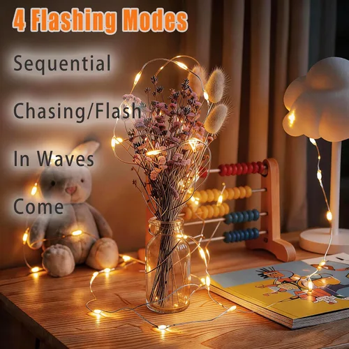Vista 4 de Paquete de 3 luces LED recargables de 10 pies, 30 luces LED, 4 modos de iluminación estrellada de Navidad de alambre de cobre, impermeable, micro