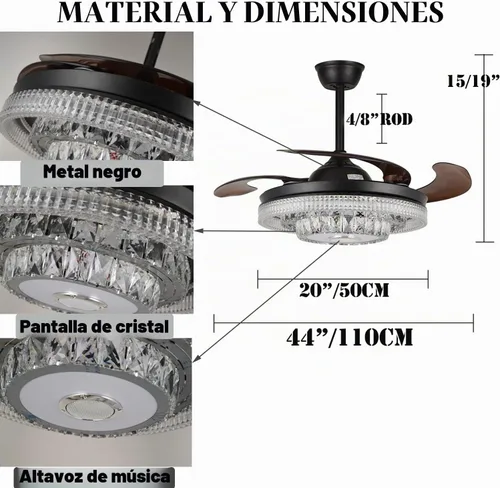 Vista 8 de Fandian Ventilador de techo inteligente moderno de 42 pulgadas con luces de control remoto, candelabro de cristal retráctil de inversa negra