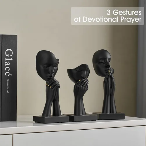 Vista 4 de 3 piezas de estatuas de oración de decoración negra, figuras modernas de oración de paz, detalles de decoración de estantes, escultura de arte