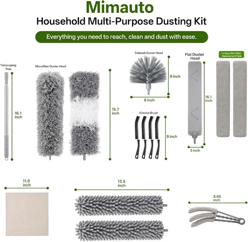 Vista 10 de Kit de plumero extensible de 14 piezas de 100 pulgadas – chenilla flexible/microfibra/herramientas para persianas de ventana para el Gris