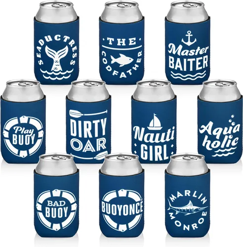 Vista 3 de Paquete de 10 fundas para enfriar latas, recuerdos de fiesta en barco, decoraciones de fiesta náutica, accesorios - divertido enfriador de cerveza