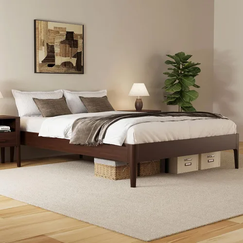 Vista 18 de JIVOIT Base de cama de plataforma de tamaño matrimonial con cabecero, cama de plataforma de madera estilo retro con patas de madera maciza Negro