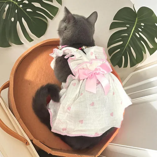 Vista 2 de Vestidos para perros pequeños, hembra, perro, gato, vestido lindo de algodón extra de verano, decoración de lazo, traje de cumpleaños, ropa de Rosa