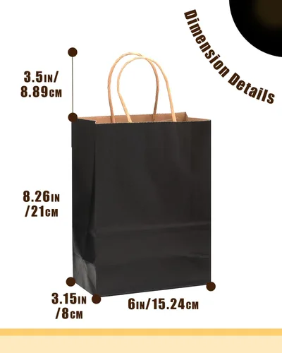 Vista 2 de qiqee Paquete de 26 bolsas de regalo negras con asas a granel de 8.3 x 3 x 6 pulgadas, bolsas de papel kraft de tamaño pequeño para fiestas