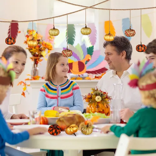 Vista 6 de Sotiff 12 adornos para árbol de Acción de Gracias, adornos colgantes de calabaza, bolas de espuma con purpurina, envueltas en tela, pequeñas