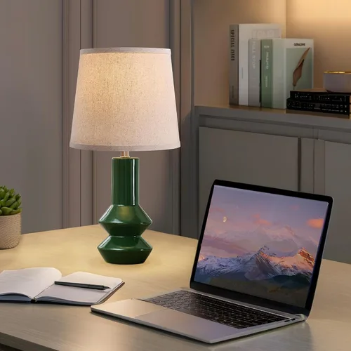 Vista 8 de Juego de 2 lámparas de mesa de cerámica verde oscuro de 20 pulgadas, regulables de 3 vías, modernas lámparas de mesita de noche con pantalla de lino