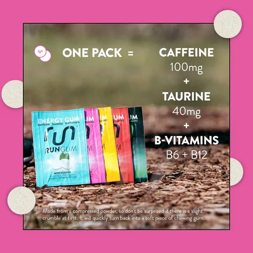 Vista 5 de RUN GUM Bubblegum Energy - Goma de mascar de 50 mg de cafeína, taurina y vitaminas B por pieza, 24 unidades (paquete de 12) sin azúcar, cero
