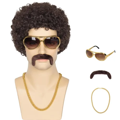 Vista 8 de Miss U Hair - Peluca afro corta y rizada para hombre, peluca de fiesta de los años 70, peluca de discoteca de Halloween con collar, lentes y bigote