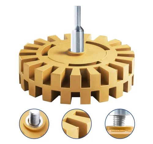 Vista 3 de Removedor de calcomanías de goma para rueda de borrador de 3.94 x 3.94 x 1.62 pulgadas, 1 rueda de borrador y 1 adaptador de taladro