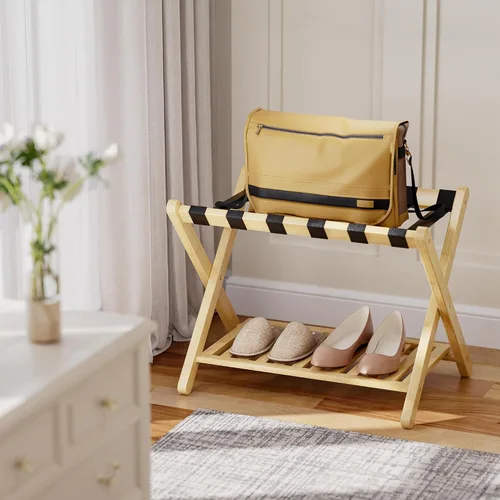 Vista 9 de SMIBUY Portaequipajes, soporte plegable de bambú para maleta con estante de almacenamiento para habitación de invitados, dormitorio, hotel, Natural