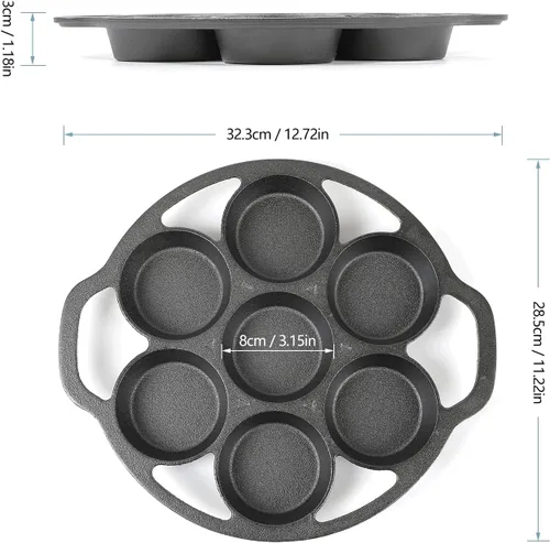 Vista 2 de HAWOK Molde frito de hierro fundido Pan galleta muffins y bollos pastel Pan con diseño 7-Mold 7 moldes con 2 asas