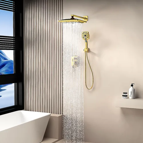 Vista 5 de ELLO&ALLO Juego de grifo de ducha de baño, válvula mezcladora y kit de acabados, sistema de ducha completo con válvula empotrada, oro cepillado