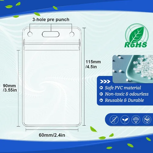 Vista 2 de 10 soportes verticales de plástico transparente resistente para tarjetas de identificación con cremallera resellable impermeable, soporte