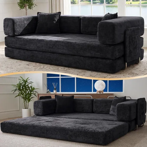 Vista 11 de Sofá cama tipo futón convertible de 78.8 pulgadas, sofá deshuesado Negro