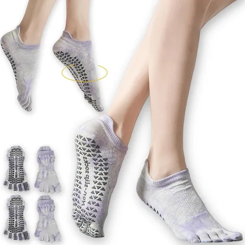 Vista 17 de CHUNFO Calcetines de agarre para mujer, calcetines de yoga para pilates, antideslizantes, teñido anudado, coloridos, de algodón, de compresión