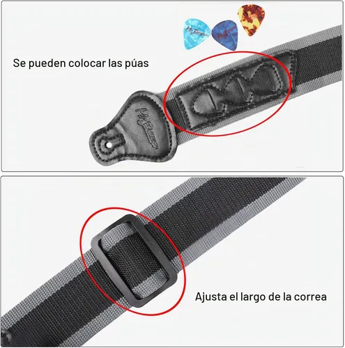 Vista 3 de Correa de guitarra con 3 soportes para púa, para guitarra eléctrica y acústica