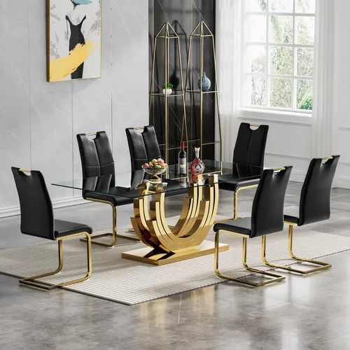 Vista 16 de Juego de mesa de comedor de cristal dorado moderno de 70 pulgadas para 4, juego de mesa rectangular de 5 piezas con base de acero en forma de anillo