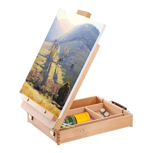 Vista 4 de DEAYOU Caja de almacenamiento de caballete de mesa de madera, caja de bocetos portátil de madera de haya para pintar, funda de caballete de madera