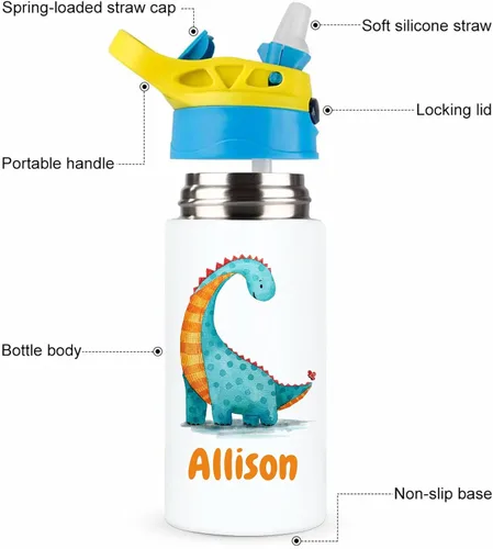 Vista 6 de Botella de agua personalizada para niños, niñas, niños, botellas de agua personalizadas de 12 onzas con nombre y tapa de pajilla, tazas de acero