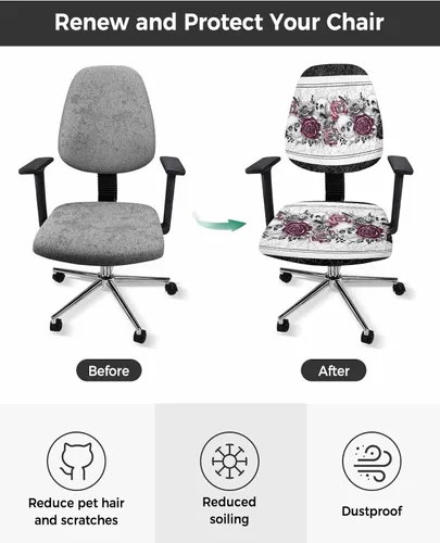 Vista 2 de Funda para silla de oficina, calavera de Halloween con rosa roja y negra, fundas para silla de oficina, funda elástica universal para silla