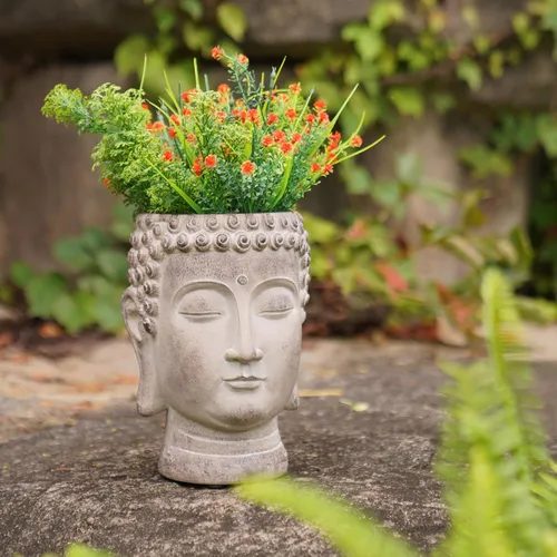 Vista 5 de Buddha - Maceta con Cara de Flor - Macetas de Cabeza - Estatua de Jardín - Maceta para Cactus y Suculentas Maceta de Interior y Exterior