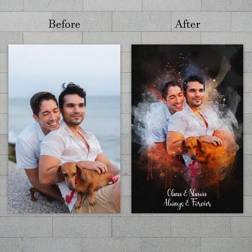 Vista 6 de Arte de acuarela personalizado para parejas LGBT sobre lienzo con fondo oscuro, regalo de compromiso y memorable para marido o novio, arte de pared