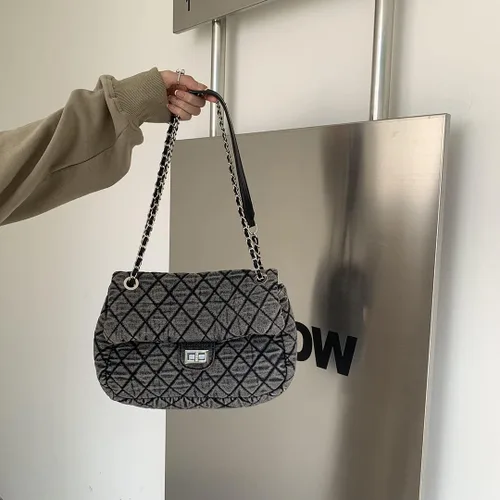 Vista 2 de Bolso casual de un hombro de moda retro de mezclilla a cuadros de diamante gris para mujer