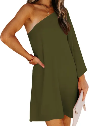 Vista 3 de LYANER Minivestido de mujer con un hombro y manga murciélago y dobladillo asimétrico