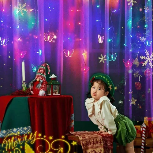 Vista 2 de Guirnalda de luces de cadena de hadas con cortina de mariposa, 120 LED, 8 modos, temporizador alimentado por USB, luz parpadeante de luciérnaga