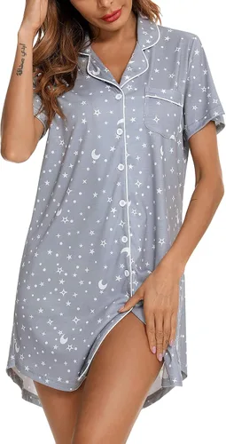 Vista 83 de Samring Camisón de pijama para mujer, manga corta/larga, con botones, camisón para dormir, camisón para novio, talla XXL