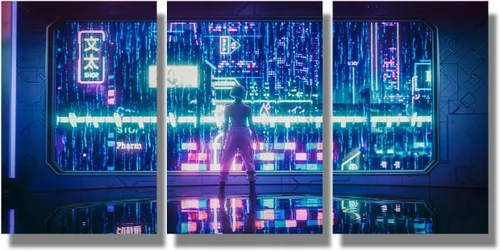 Vista 73 de Lienzo decorativo para pared, diseño de ciudad futurista Cyberpunk para sala de estar, impresión multipanel, obra de arte de cocina, pintura