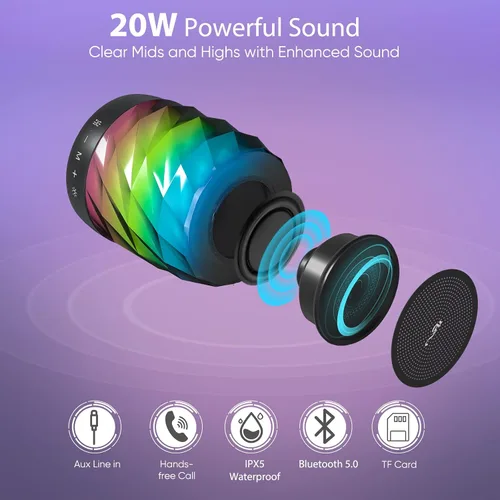 Vista 2 de LFS Altavoces Bluetooth - Altavoces inalámbricos portátiles de sonido premium de 20 W con TWS Bluetooth 5.0, luces LED, impermeables, tiempo