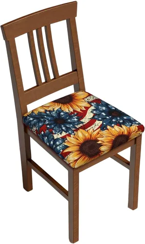 Vista 9 de Fundas de asiento cuadradas para silla de comedor con girasoles azules vintage, de 16.9 pulgadas, dos piezas, funda de cojín elástica ajustable