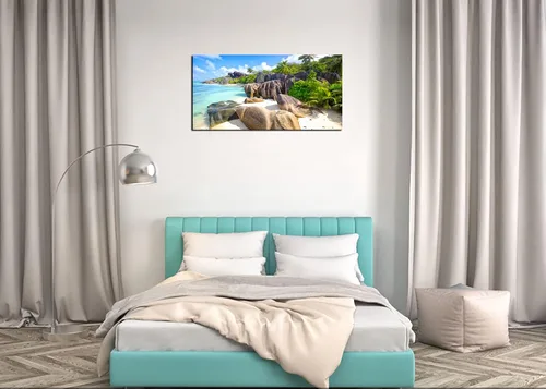 Vista 4 de YYYYHPP YP0762 - Cuadro de pared de playa, arte de pared, piedra de cocoteros en arenas, playa, paisaje marino, pintura de paisaje, imagen
