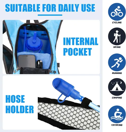 Vista 7 de Mochila de hidratación de 3 piezas con 3 unidades de 2 litros de agua de vejiga de agua, paquete de hidratación para camping, senderismo, ciclismo