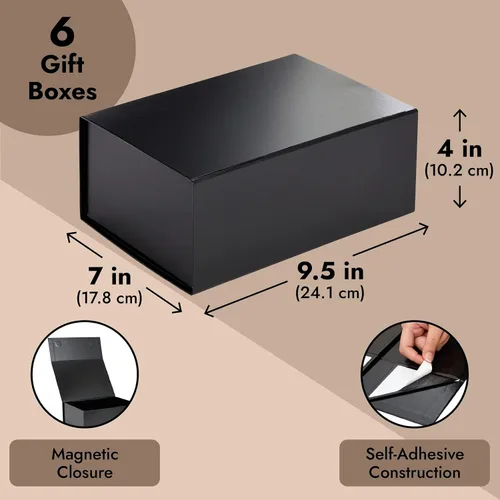 Vista 3 de Stockroom Plus Cajas de regalo magnéticas con tapas, 9.5 x 7 x 4 pulgadas, color negro brillante, paquete de 6 unidades, cierre magnético seguro