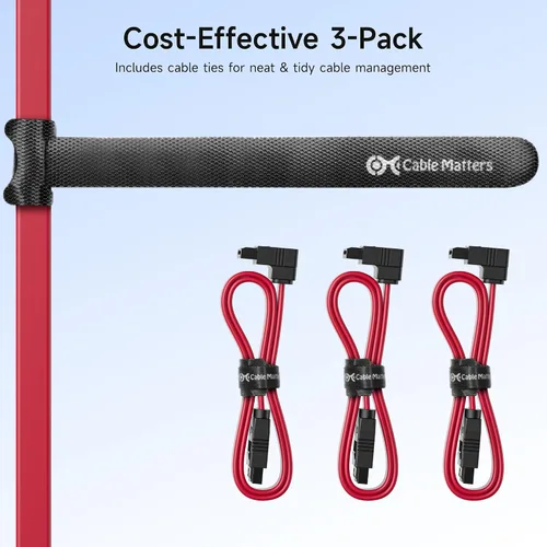 Vista 7 de Cable Matters Paquete de 3 cables SATA SATA de 90 grados – 18 pulgadas, SATA III 6Gbps de ángulo recto para SSD, HDD, unidades de CD/DVD, disco Rojo