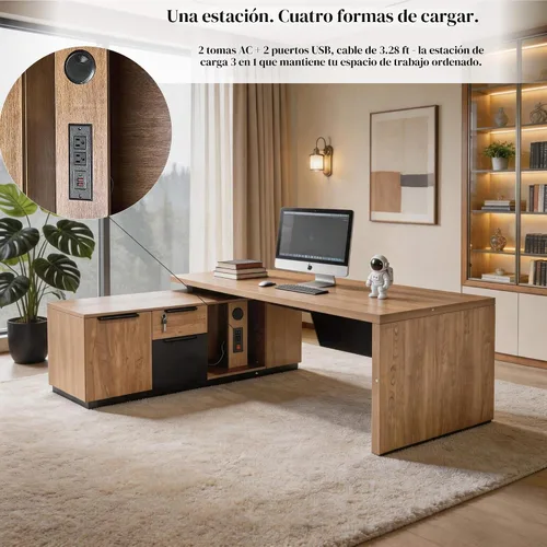 Vista 3 de SAINTCY Escritorio ejecutivo retráctil en forma de L, escritorio de oficina de grado comercial con gabinete de almacenamiento reversible Retorno