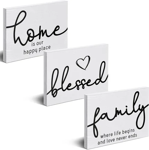 Vista 8 de Jetec 3 piezas de letrero de hogar familiar bendecido en madera rústica, letrero decorativo mini en forma de corazón, decoración en madera