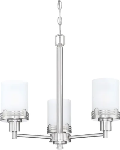 Vista 18 de 3 luces de vidrio industrial moderno con acabado de níquel cepillado. Accesorio de iluminación y decoración de jaula de alambre de metal para sala
